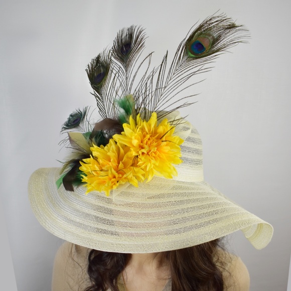 COPY - Ivory Peacock Feather Flower Kentucky Derby Hat